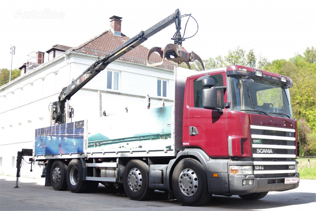 Scania 124,420 8x2 E3 Retader Kran Jonsered 110ZX AHK flatbed truck